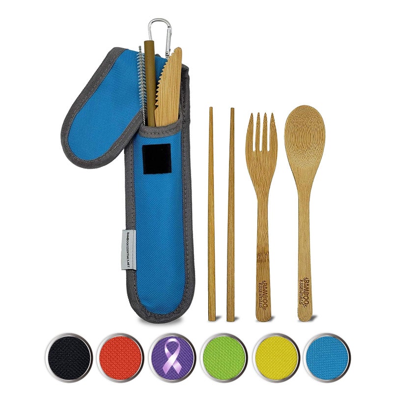 Bamboo Essentials Travel Utensils with Case Set Fork, Knife, Spoon, Chopsticks, Straw, Straw-cleaning brush, Travel Pouch and Carabiner, Excellent For Everyday Use! ((1Set) Sky Blue) - Image 1